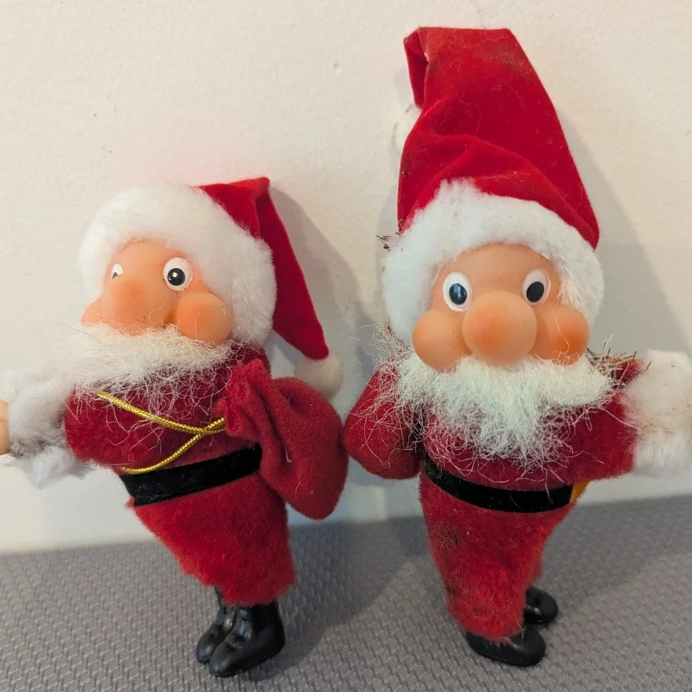 VTG Santa Claus Christmas Ornament/Decor Set of 2 Flocked Rubber Face Pinch